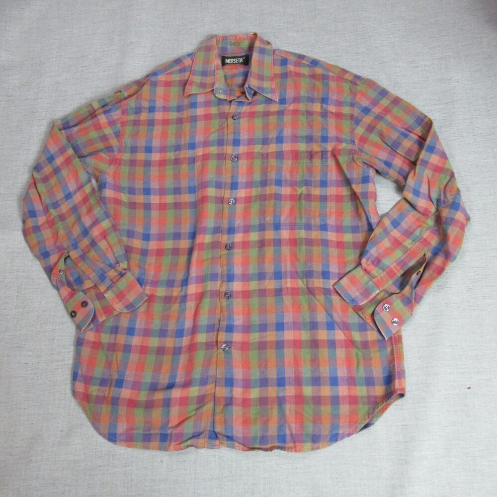 VINTAGE Merseta Shirt Mens XL Multicolor Check Plaid Button Cabincore Ranch 90s